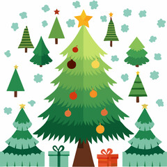 Christmas tree vector set with festive pine trees and winter holiday decorations