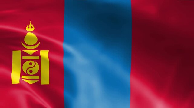 mongolia national flag waving fabric texture with soyombo symbol and red blue stripes background