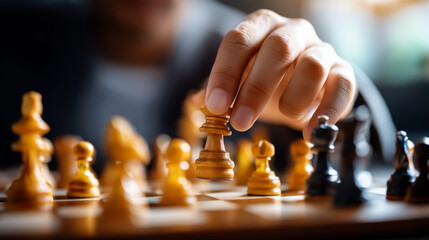 Strategic competition unfolds on chessboard, game of mastery and tactics in diverse environments, defocused intellectual challenge, competitive strategy, decision-making visualizat