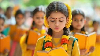 Schoolchildren celebrating Vasant Panchami, dressed in yellow and holding books as symbols of knowledge and devotion in a vibrant festive scene