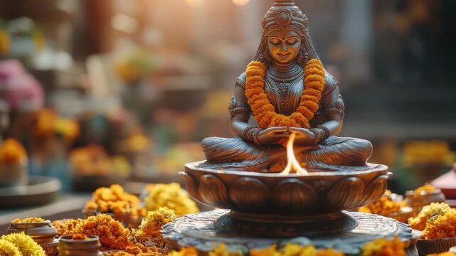 Devotees assemble around a beautifully adorned idol to honor Vasant Panchami, offering flowers and lighting lamps in a vibrant celebration of spring and learning