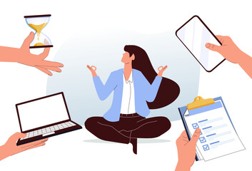 Vector of a calm businesswoman meditating in lotus pose, surrounded by extended arms offering documents, clock, laptop