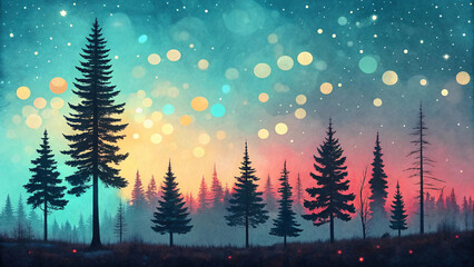 Ethereal Winter Forest at Twilight with Colorful Bokeh Lights &ndash; Magical Nature Background Illustration