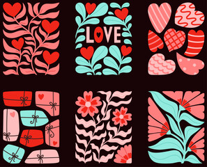Abstract Valentine's Day posters on a dark background. Hand drawn designs for banners, wallpapers, and cards.