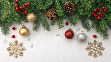Christmas Evergreen Border with Pine Branches, Ornaments, Snowflakes and Copy Space Background
