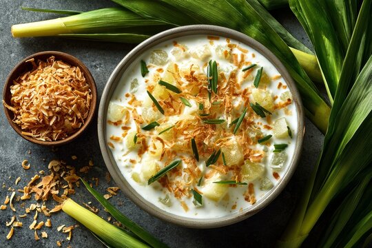 Buko Salad with creamy young coconut cream, colorful vegetables on dark textured surface. Concept of vibrant Filipino sweet dish, perfect for festive gatherings.