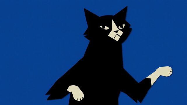 Modern 2D animation style tuxedo cat vector illustration on solid blue