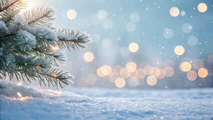 Winter Snow Background with Frosted Pine Branch Soft Bokeh Lights and Falling Snowflakes