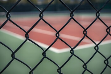 Fototapeta premium Close up view of a black chain link fence with a blurred tennis court in the background, symbolizing sports facilities, outdoor recreation, boundaries, and athletic environments.