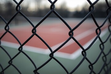 Fototapeta premium A detailed shot of a chain link fence in sharp focus while a tennis court fades softly behind it, creating a strong visual contrast between structure and sport.