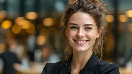 Fototapeta premium Woman in business attire smiles confidently in modern office setting
