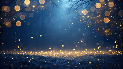 Dark Blue Bokeh Background with Golden Sparkles and Magical Night Light Effect