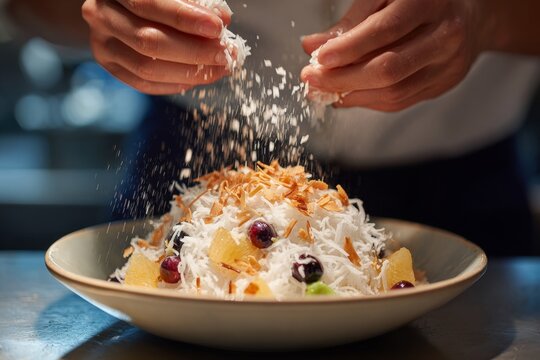 Buko Salad with grated cheese, rich mix of fruits and vegetables. Concept of culinary art showcasing young coconut cream Filipino sweet delicacy on kitchen countertop.