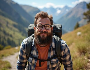 Man with beard and glasses hikes mountain trail with backpack. He wears plaid shirt, orange undershirt, enjoys sunny day outdoors. Scenic landscape with peaks provides background.