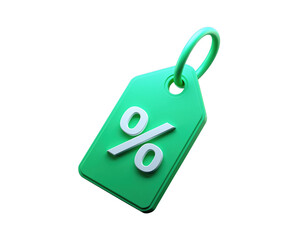 Green discount tag with a white percentage symbol on a transparent background, A 3D rendered green tag with a prominent white percentage symbol, isolated on a black background, symbolizing sales