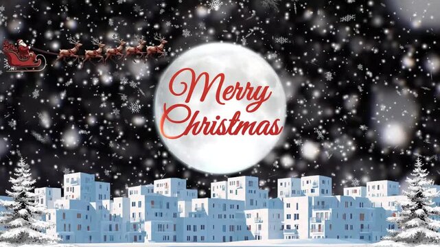Magical Christmas Night Animation with Merry Christmas Text on the Moon and Flying Santa