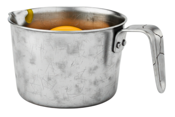 Old scratched metal measuring cup containing raw yellow egg yolks isolated on transparent background