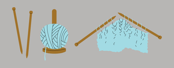 Knitting set on a grey background, vector illustration.