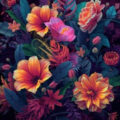 A vibrant bouquet of exotic flowers in a dark, mysterious jungle setting.