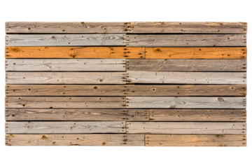Weathered wooden pallet texture with single bright orange plank isolated on transparent background