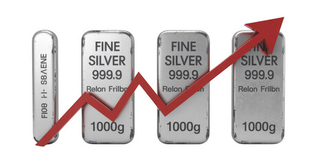 Silver bars with rising red graph trend isolated on a transparent background fine 999.9