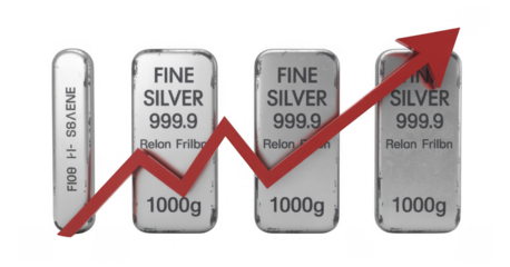 Silver bars with rising red graph trend isolated on a transparent background fine 999.9