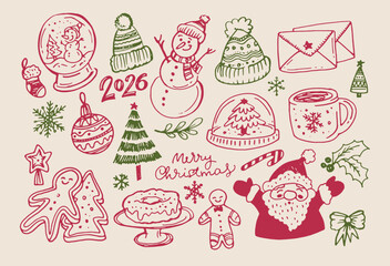 Merry Christmas and Happy New 2026 Year - cute hand drawn doodle pattern background.