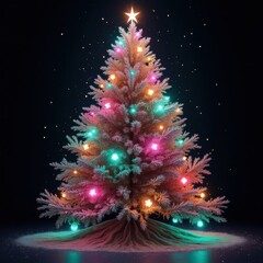 A magical christmas tree glows with colorful lights under a starry night sky.