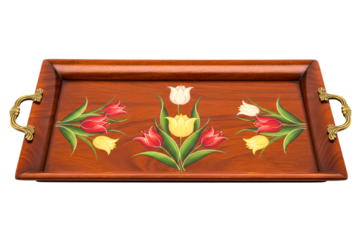 Rectangular wooden serving tray painted with red and yellow tulips isolated on transparent background