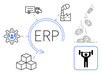 Business process optimization, resource management, logistics planning, manufacturing systems, financial tracking, team collaboration. Central ERP hub linking icons of delivery, factory, coins