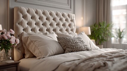 Sophisticated bedroom scene featuring tall beige tufted headboard, crisp white bedding, double pillows and fluffy blanket for restful sleep in a home