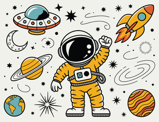 Cartoon Astronaut Floating in Space with Planets, UFO, and Rocket Ship Keywords: astronaut, space, cosmos, galaxy, planet, earth, saturn, ufo © Maru