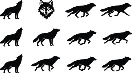 Wolf Silhouette Set with Howling, Running, and Standing Poses, Including a Detailed Head Graphic for Wildlife Logos, Conservation, and Wilderness Design