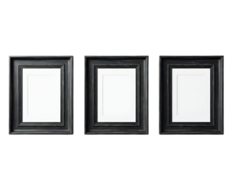 Three empty black picture frames side by side on transparent background