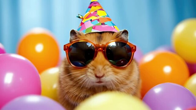 Adorable party hamster with sunglasses and colorful balloons