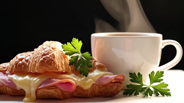 Warm croissant sandwich oozing melted cheese with ham alongside steaming coffee makes a delicious breakfast or brunch option, 4k