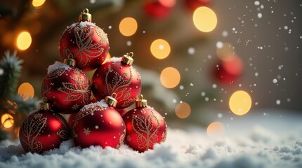 Festive red christmas ornaments in snow with glowing bokeh lights and falling snow