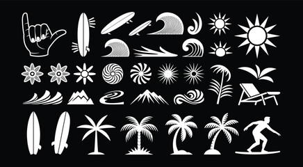 Collection of White Summer and Beach Themed Icons on Black Background Keywords: surf, surfboard, wave, ocean, beach, sun, palm tree, mountain © Maru