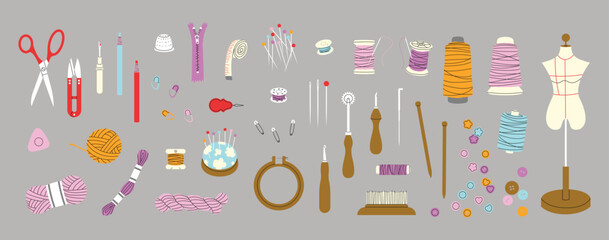 Sewing and handmade equipment set on a grey background, vector illustration.
