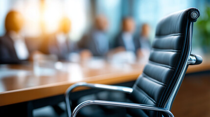 Strategic leadership concept represented by empty boardroom chair facing blurred faceless executives, symbolizing decision making and organizational direction, defocused power posi
