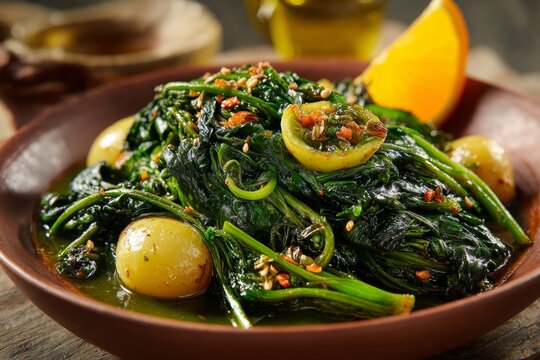 Bowl filled with Romeritos, vibrant green in color, alongside fried lemons and sesame seeds on wooden table. Concept of warm, inviting dish featuring green herb potato Mexican vegetable.