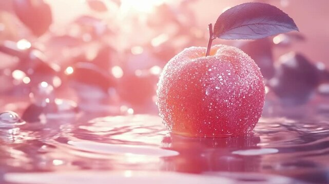 Glittering red apple on water with sparkling sunlight and leaves