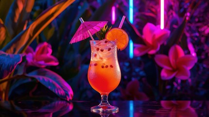 Exotic cocktail in a hurricane glass illuminated by vibrant neon lights and tropical foliage