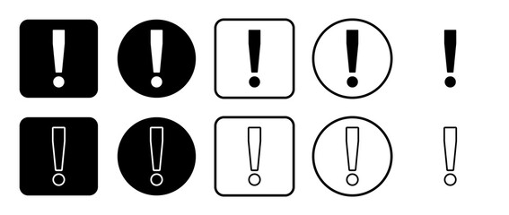 Icon set of exclamation symbol. Filled, outline, black and white icons set, flat style.  Illustration on transparent background