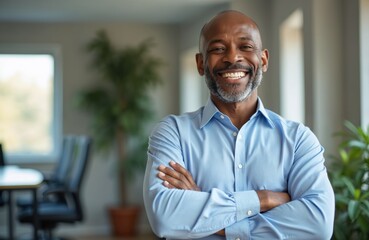 Fototapeta premium Mature African American man in blue shirt smiles with arms crossed in modern office. Confident pro looks at camera, ready for success. Experienced leader works in corporate business environment.
