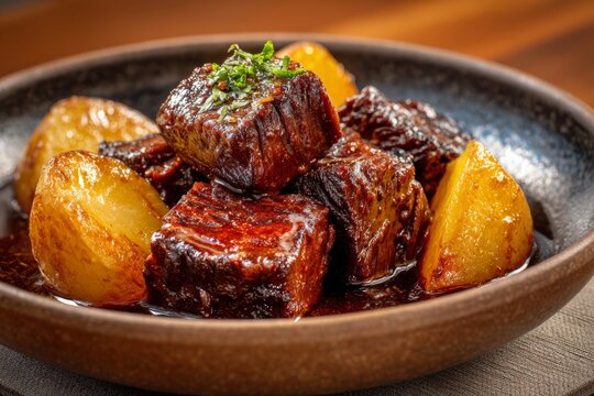 Bowl of mechado with tender beef and golden-brown potatoes, garnished with fresh herbs. Concept of braised beef cooked Filipino traditional, showcasing rich flavors and inviting presentation.