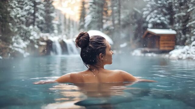 Young hispanic woman in tranquil winter forest pool with waterfall and cabin in background