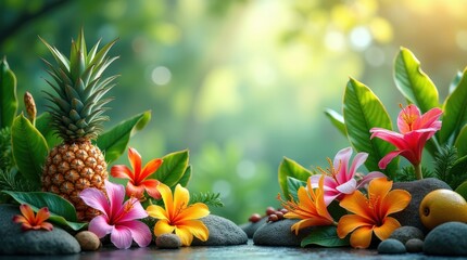 Serene tropical arrangement featuring fresh pineapple and colorful hibiscus flowers