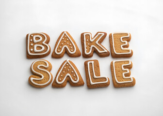Delicious gingerbread cookies spelling out 'bake sale' on a clean white background, perfect for charity events