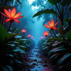 Enchanted forest path illuminated by glowing red and orange magical blossoms at night
